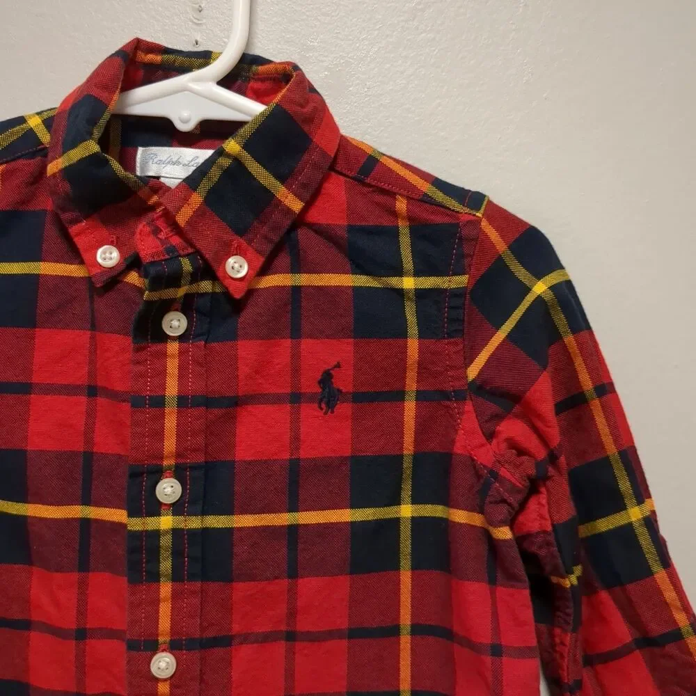 Ralph Lauren Red Black Yellow Plaid Button Down Cotton Shirt Boys Size 18 Months